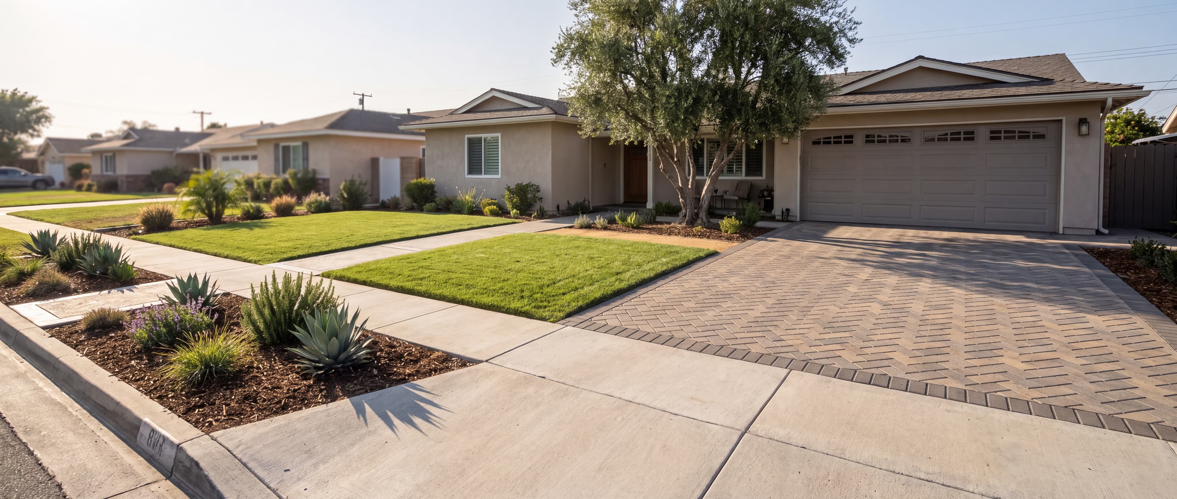 Finished front yard at golden hour: a herringbone paver driveway, a broom-finish concrete walkway, a cut lawn panel, and drought-tolerant planting beds
