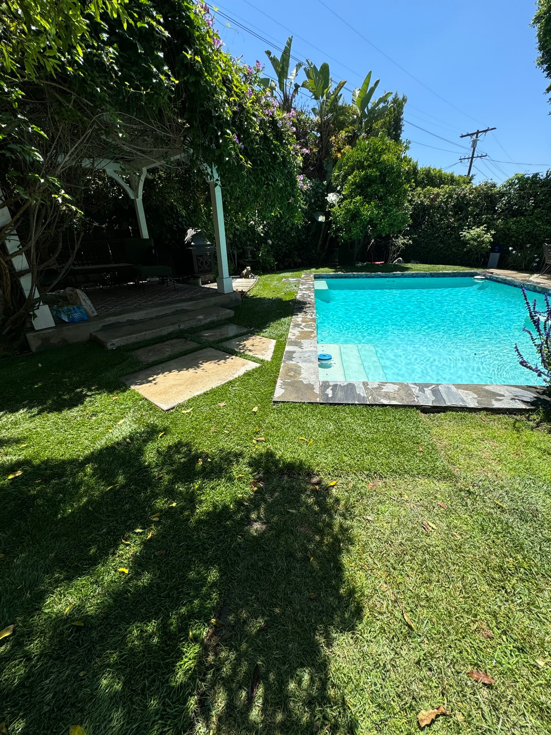 Stone steps and a cut-in lawn running down to a pool deck